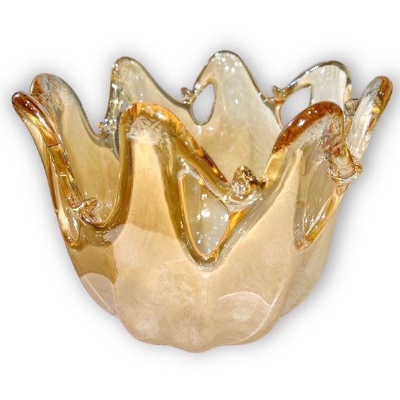 Murano Accents Italian Murano Blown Glass Centerpiece Bowl Iridescent Golden Peach Luster
